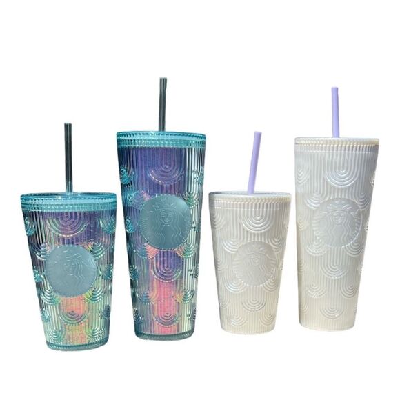 4~ Starbucks Pearl White and Clear Mermaid Tumblers 24oz & 16oz Bundle